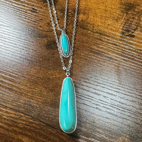 Chain Turquoise Necklace Pendant- Elegant 2-Strand Design - Picture 1 of 10
